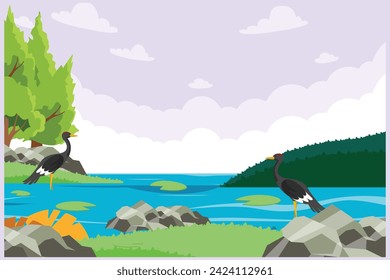 Paisaje con hierba verde, árboles, horizonte del cielo y montañas. Concepto de naturaleza. Ilustración vectorial plana de color aislada.	