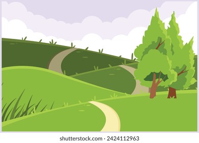 Landscape with green grass, trees, sky horizon and Mountains. Nature concept. Colored flat vector illustration isolated.	