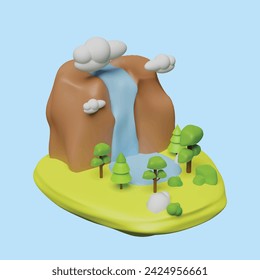 Paisaje con hierba verde, árboles, horizonte del cielo y montañas. Concepto de naturaleza. Estilo de dibujos animados de objeto 3D realista.