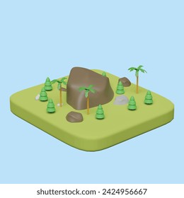 Landscape with green grass, trees, sky horizon and Mountains. Nature concept. Realistic 3d object cartoon style.