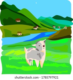 
landscape of green high mountains and small houses, on the background a white lamb grazes