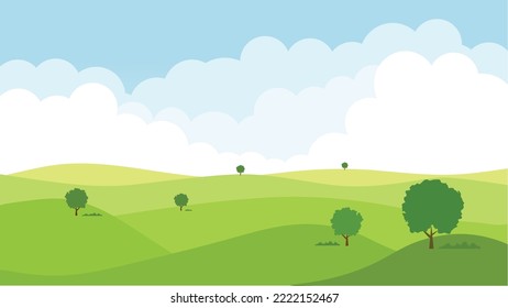 Paisaje verde de la hierba de los árboles nubes cielo azul. Ilustración vectorial.