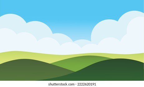 Landscape green hill cloud blue sky. Vector illustration.