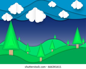 landscape green hill with cloud and tree. paper art style vector illustration.