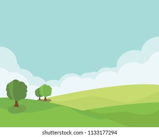 landscape green hill in front of white cloud vector and blue sky for holiday