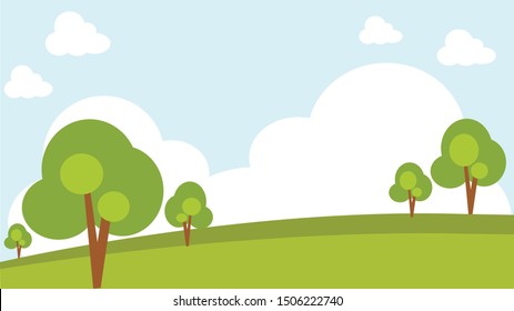 landscape green hill in front of white cloud vector and blue sky.Green grass and tree scenery.