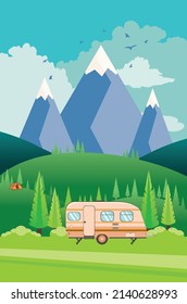 Landscape with green hills, blue mountains and camping trailer illustration.