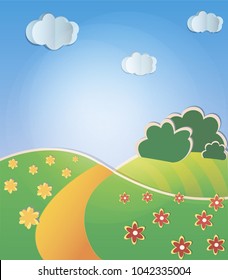 Landscape green hills with flowers, blue sky, clouds and road. Vector illustration.