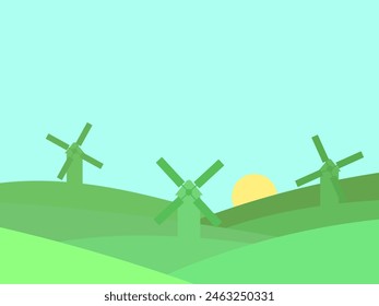 Landscape with green hills and mills in a minimalist style. Countryside with windmills, fields and sun. Design for covers, banners and promotional products. Vector illustration