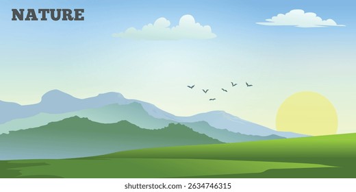 a landscape with green hills and mountain silhouettes. The sun is setting or rising, the sky is in soft blue and yellow shades with white clouds. A flock of birds can be seen in the sky