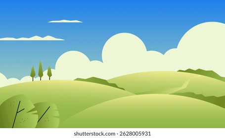 Landscape with green hills. Nature panorama with blue sky and rural countryside scenery, minimal summer meadow background with leaf bushes and trees. Vector cartoon illustration.