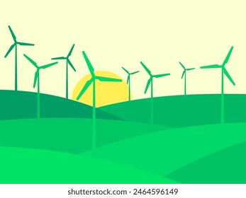 Landscape with green hills and silhouettes of wind turbines. Green energy concept. Renewable energy, production of environmentally friendly electricity. Clean wind energy. Vector illustration