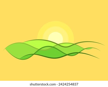 Landscape with green hills and sun in line art style. Modern sunrise design with green meadows. Dawn over green fields. Design for posters, prints and banners. Vector illustration