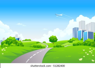 Landscape - green hills with tree cityscape cloudscape and airplane