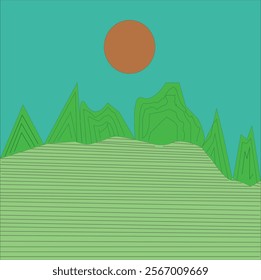 landscape of green land and hills in a hot sunny day .