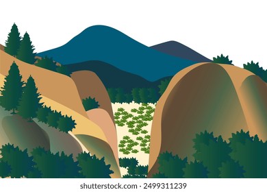 the landscape of green land mountain hills in summer, vector illustration for background, landing page, poster, banner, and others