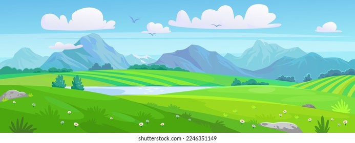 Un paisaje de pradera verde con un lago y montañas. Hermosa vista de los campos verdes, cielo azul con nubes y una cordillera en verano. Escena en un parque natural. Fondo vectorial de estilo de caricatura