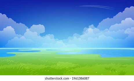 Landscape with green meadow with lakes and cloudy sky