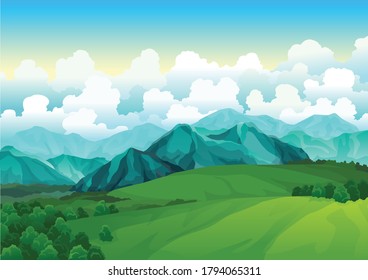 Landscape green meadows with mountains. Summer