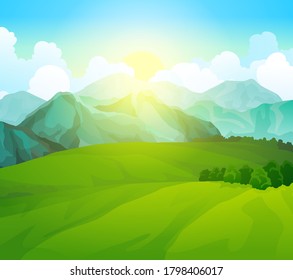 Landscape green meadows with mountains. Summer valley view. Landscape hill field. Wild nature grass and forest in countryside. Summer vector land with sunrise