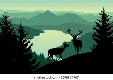 Landscape with green mountains, forest, lake and silhouettes of trees and wild deer - vector illustration