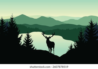 Landscape with green mountains, forest, lake and silhouettes of trees and wild deer - vector illustration	
