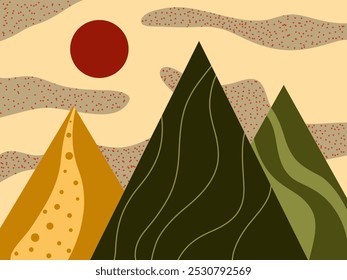 Landscape with green mountains and red sun. Dawn, sunset, hills, summer atmosphere, hike. Vector illustration