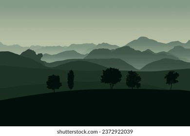 Landscape with green mountains. Vector illustration in flat style.