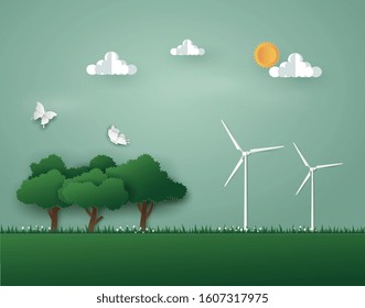 Landscape of Green nature with eco energy and environment by wind turbine. Vector illustration art design in paper cut style.