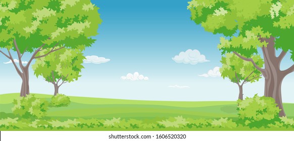 Landscape green park. Background forest landscape. Park with grass and trees. Vector illustration cartoon garden panorama. 
