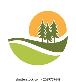 landscape with green pine tree, graphic design element