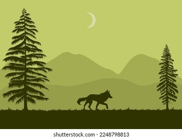 Landscape with green silhouette wolf vector illustration