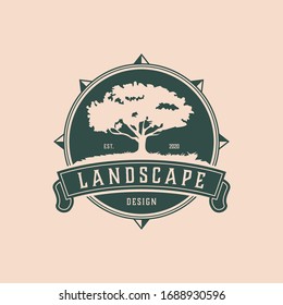 landscape green tree vintage logo design template vector