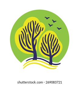  Landscape with green trees and birds. Vector illustration.