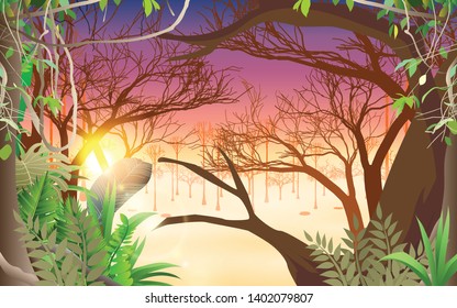 landscape of green trees and dry tree in the jungle in the morning