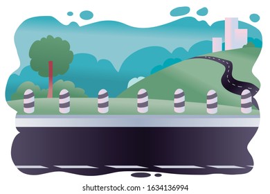 Landscape with green trees, grass, blue sky and roadway for cars.