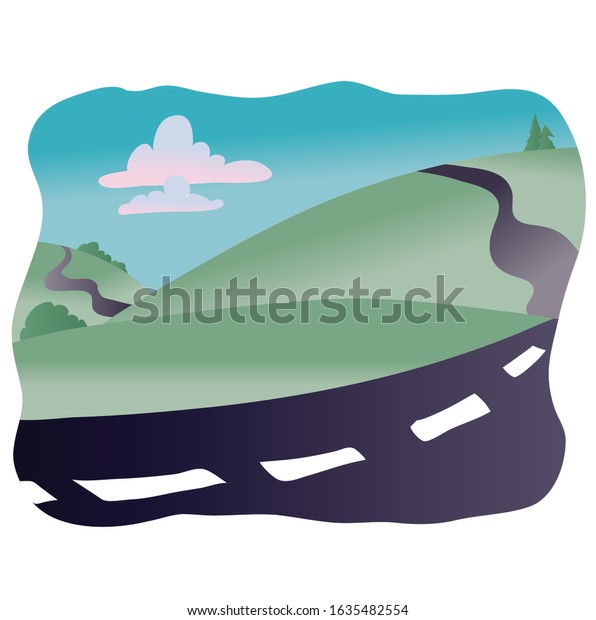 landscape with green trees, grass, blue sky and\
roadway for cars,