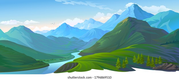 A landscape of a green valley and the blue mountains. A river flowing into the hills.