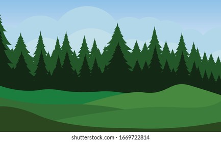 Landscape with green yard and tree on blue sky background.Flat vector design. 