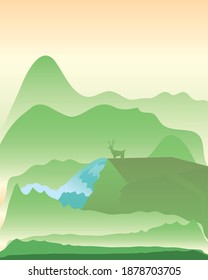 paisaje verde con cascada y naturaleza de ciervo ilustración vectorial