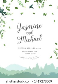 Landscape and greenery vector design invitation. Forest and mountains rural scenery. Herbal minimalist wedding travel rustic frame. Watercolor style.Natural card.All elements are isolated and editable