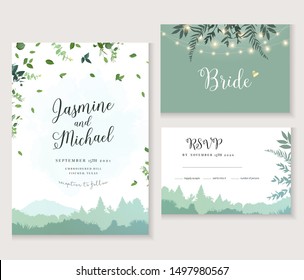 Landscape and greenery vector design invitation. Forest and mountains rural scenery. Herbal minimalist wedding travel rustic frame. Watercolor style.Natural card.All elements are isolated and editable