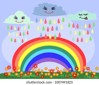 Landscape, greeting card with smiling clouds, colorful rain, seven-colored rainbow, flower field, sky. Spring Summer