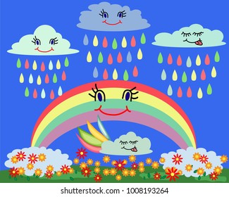 Landscape, greeting card with smiling clouds, colorful rain, seven-colored rainbow, flower field, sky. Spring Summer