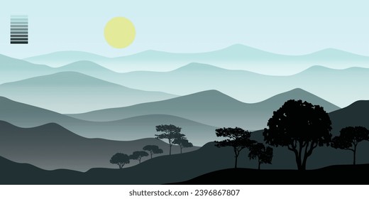 Landscape grey tone yellow sun mountain forest silhouettes tree nature banner design. Vector illustration.