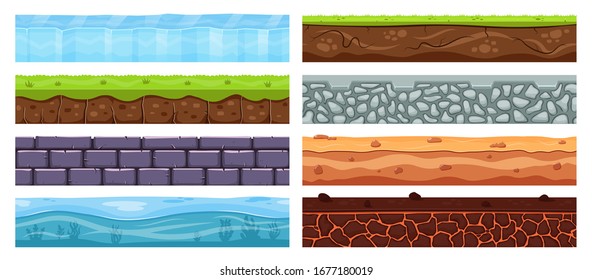 Landschaftsgebiet. Cartoon-Schmutzton, archäologische Bodenschichten, Schmutztextur mit begrabenen Steinen, Gras, Landschaftselemente Vektorillustration-Illustration. Hintergrundebene, Naturboden und Felsen