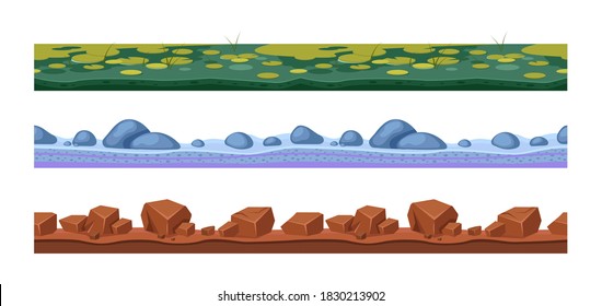 Landscape Grounds Seamless. Cartoon Texture Different Ground, Landscape Seamless Vector Background. Gaming Floor Texture. Swamp Water With Grass, Sandy Ground, Nature Soil Layers With Rocks.