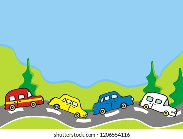 Landscape, group of cars on the road and mountain and trees, vector illustration. At the background is blue sky. Cute illustration for children.