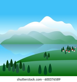 Landscape. Gulf Coast with mountains. Houses and trees on the beach. Vector illustration. Background.