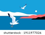 Landscape with gulls. Sea, islands, sky, sun, flaying seagulls. Vector illustration